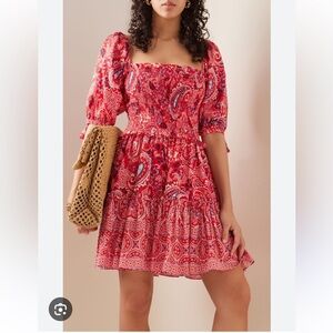 NWOT Cara Cara Lenny Red Paisley Floral Mini Dress Puff Sleeve